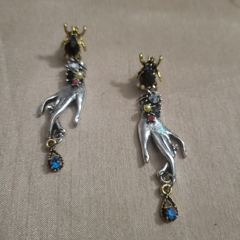 Witchy boho magical hands with spider post silver & gold tone earrings